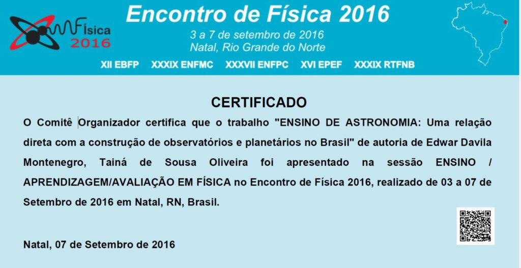 Apresentação de Trabalho no Encontro de Física 2016