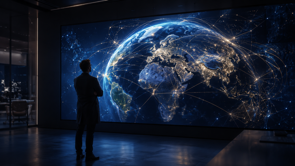 Pesquisador observa a Terra conectada por uma rede digital global, representando os desafios da governança da inteligência artificial
